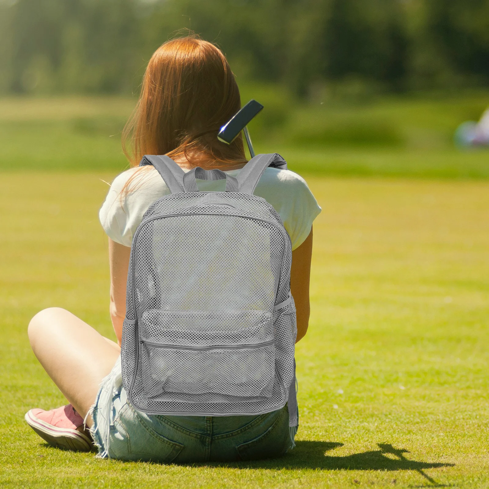 Heavy Duty Mesh Backpack Grey Padded Shoulder Straps Outdoor Sports Swimming Equipment Bag See Through Mesh Travel Beach