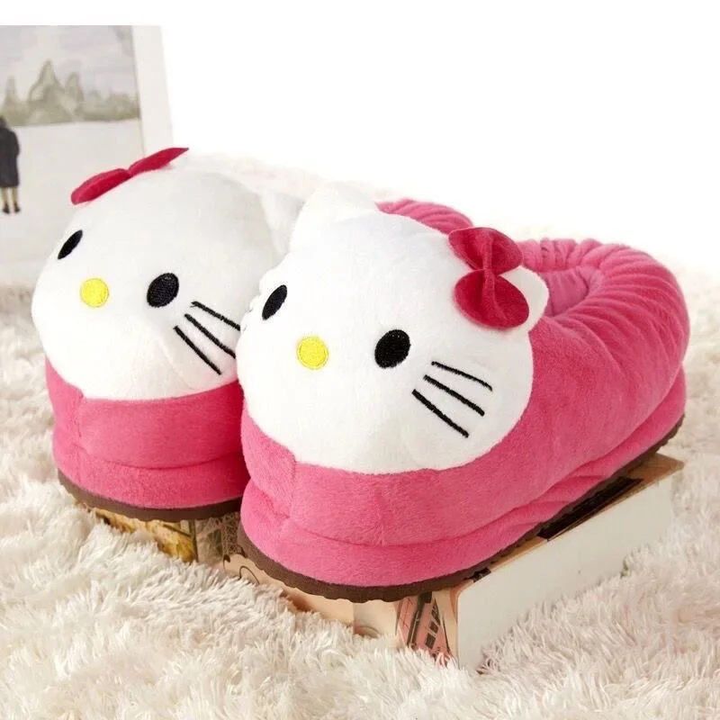 Kawaii hallo kitty baumwoll pantoffeln anime sanrio süßes mädchen zu hause warm halten gehören absatz baumwoll schuhe rutsch feste plüsch pantoffeln