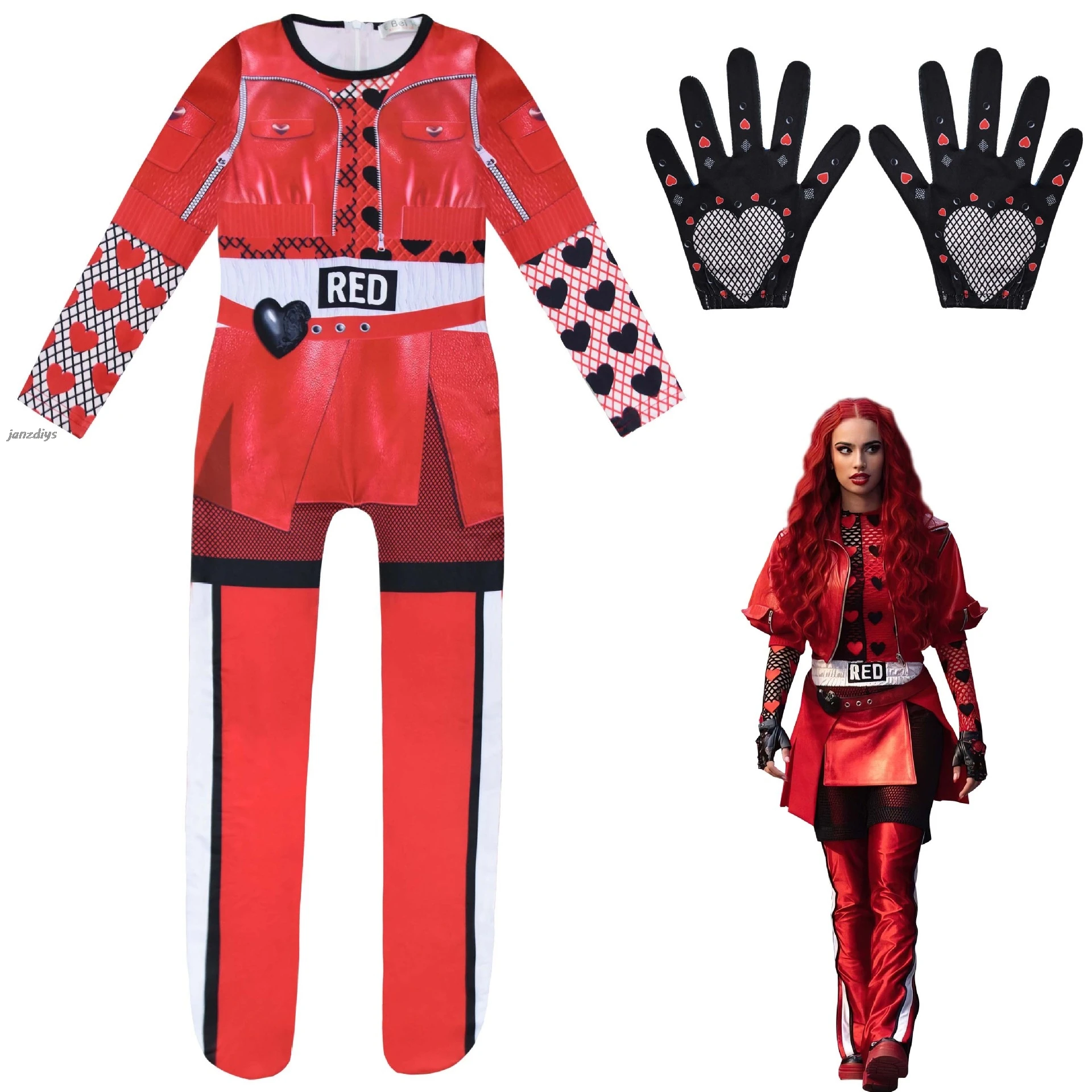 NEW D-Descendants Red Costume for Kids Rise of Red Girls Red Chloe Cosplay Jumpsuit Wig Gloves Children Halloween Party BodySuit