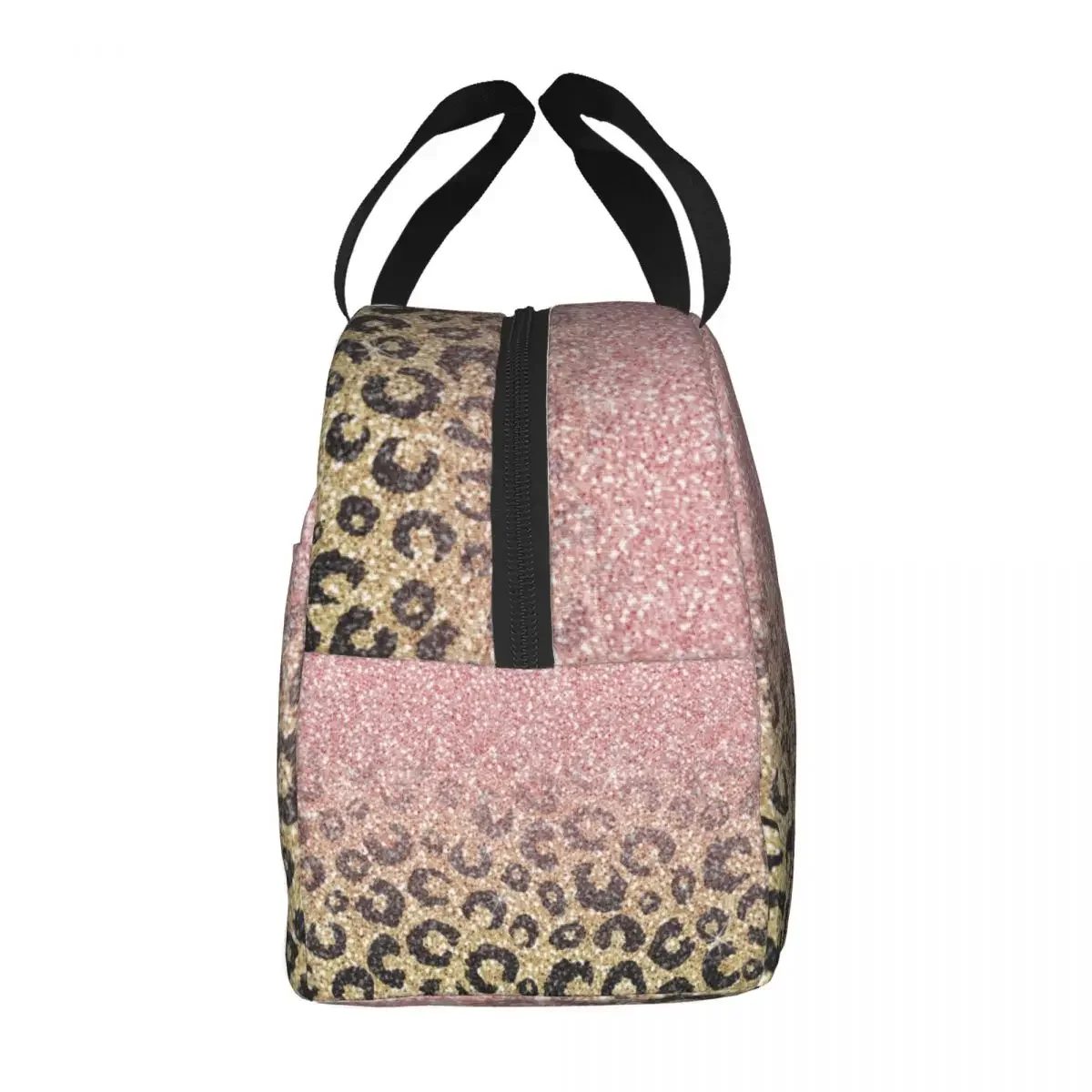 Rose Gold Glitter Black Leopard Lunch Bag Portable Insulated Oxford Cooler Bags Thermal Picnic Work Tote for Women Kids