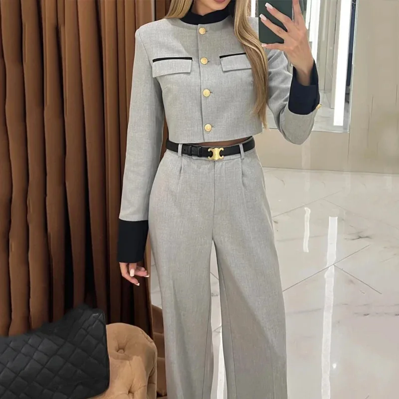 Elegante Broek Sets  Vrouwen Crop Top Rechte Broek Tweedelige Dames Outfits Shirt conjuntos femininos elegantes 2024 أطقم بناطيل