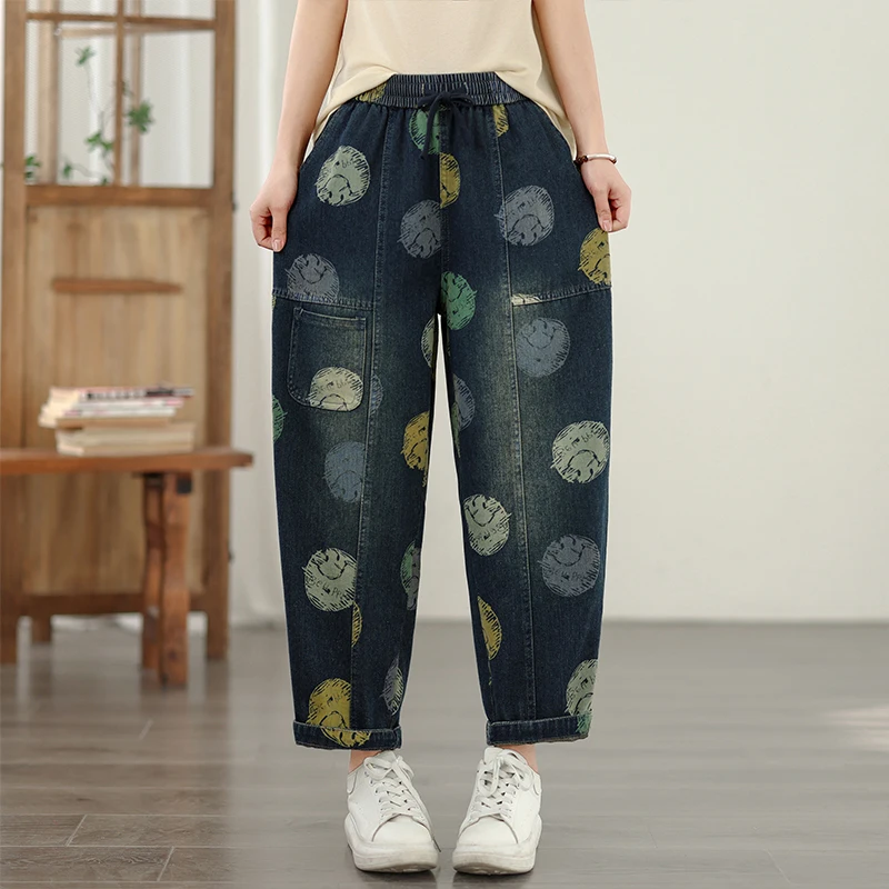 Women's Round Pattern Vintage Print Denim Pants Female Spring Summer Fashion Ankle Length Jeans Female Hip Hop Casual Trouser