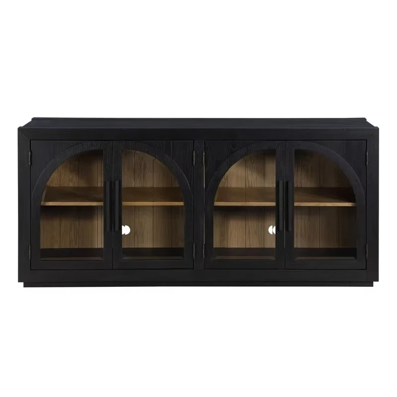 * 70'' American Oak Wood Solid Wood Style Living Room Console Table 4 Glass Doors Cabinet With Rattan for Home Media Sideboard