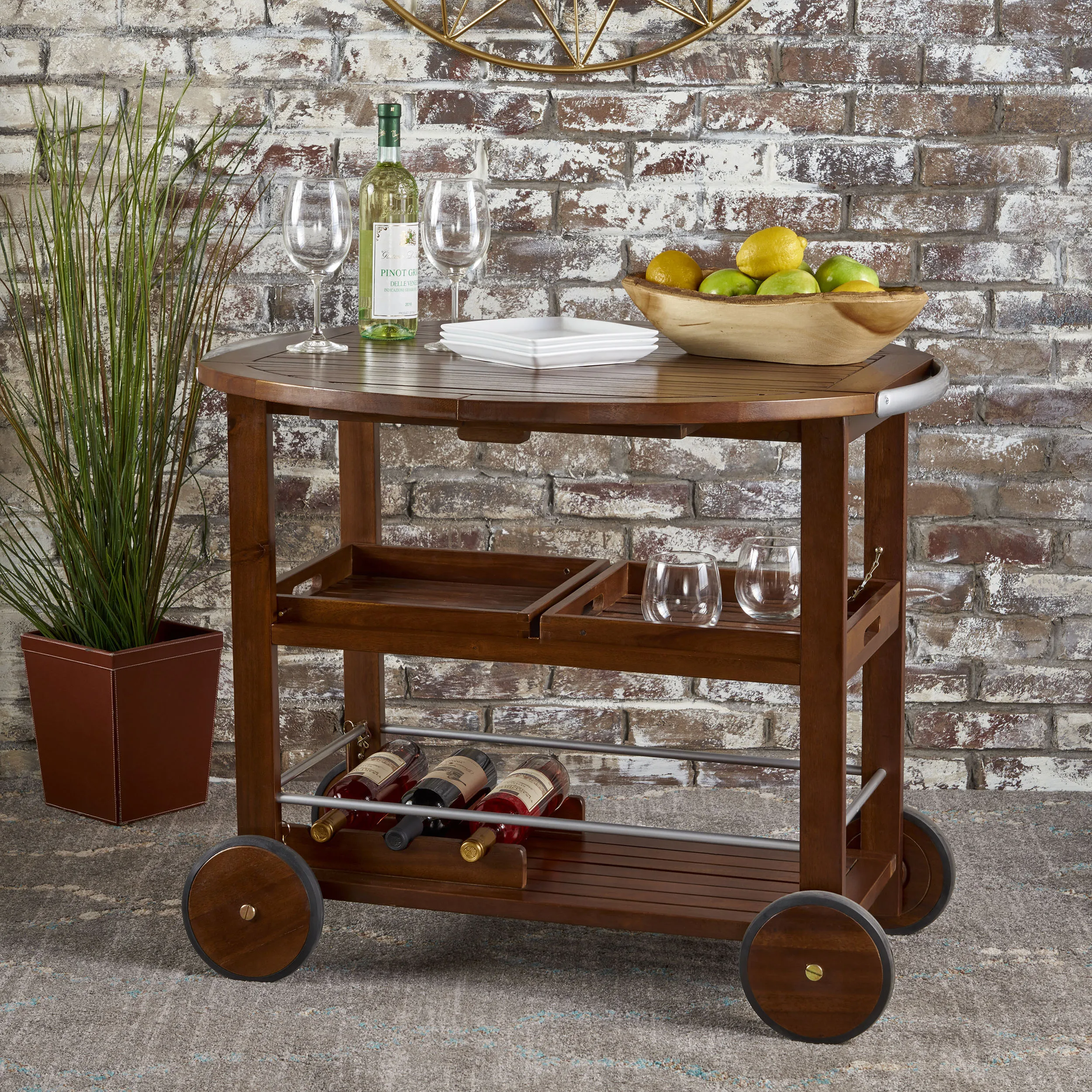 Modern Wood Bar Cart with Stainless Steel Accents Durable Design 2 Drawers & 2 Shelves