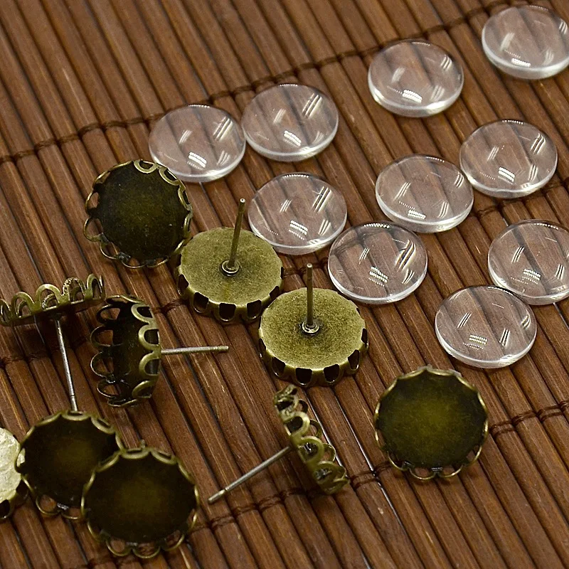 

12x5~6mm Dome Transparent Glass Cabochons and Bronze Brass Ear Stud Findings for DIY Stud Earrings Nickel Free