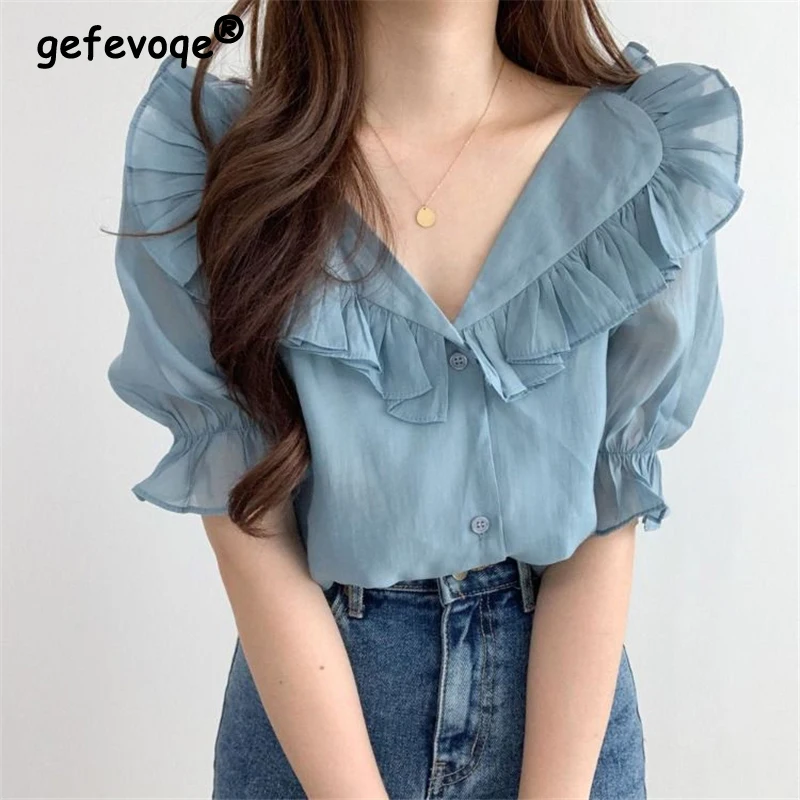 

Women Ruffle Chic Sweet Cute Button Shirts Summer V Neck Short Sleeve Blouses Y2K Solid Casual Street Tops Blusa Mujer Moda 2023