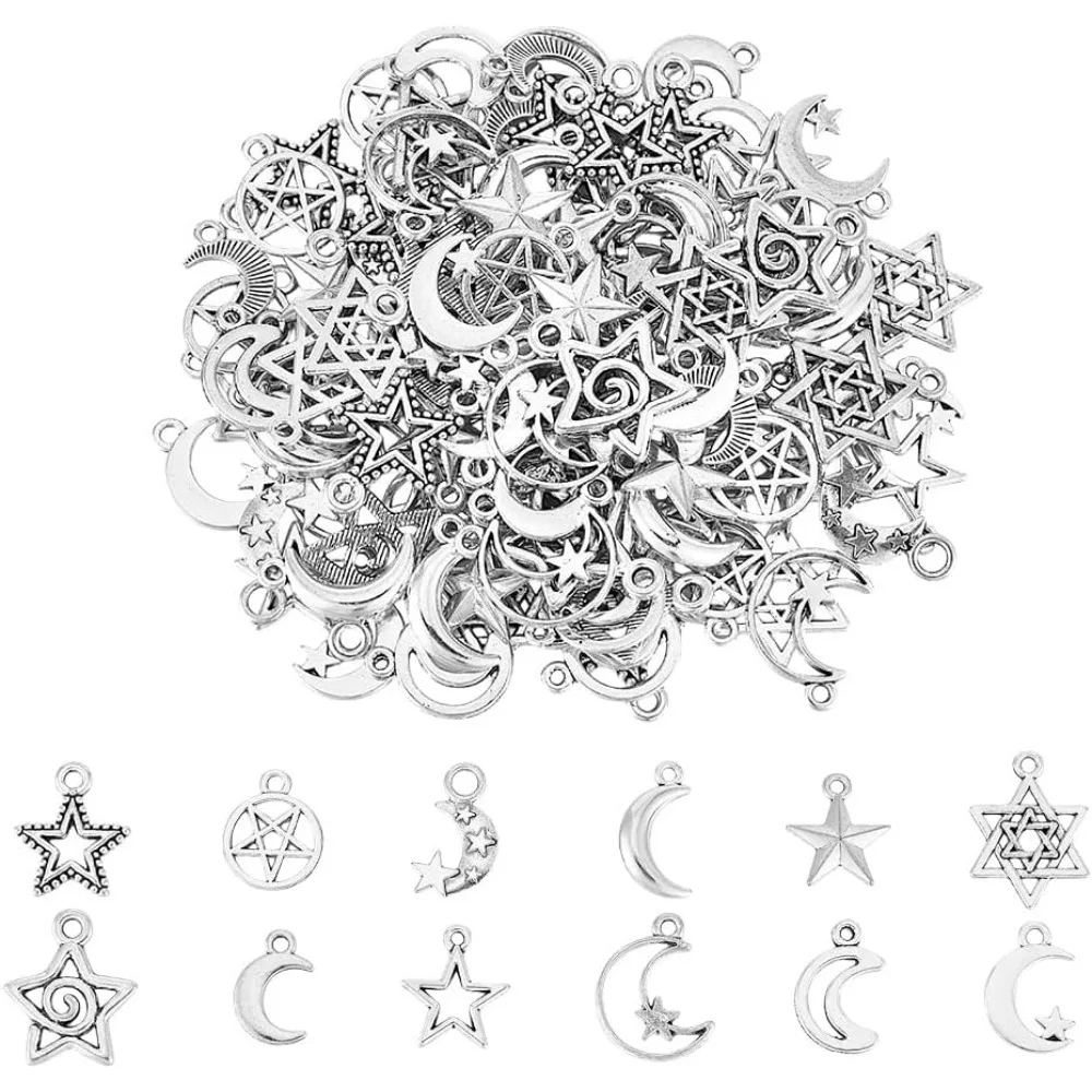 

120Pcs 12 Styles Moon Star Charms Style Charms Anique Silver Charms Pentagram Charms Moon Charms for Jewelry