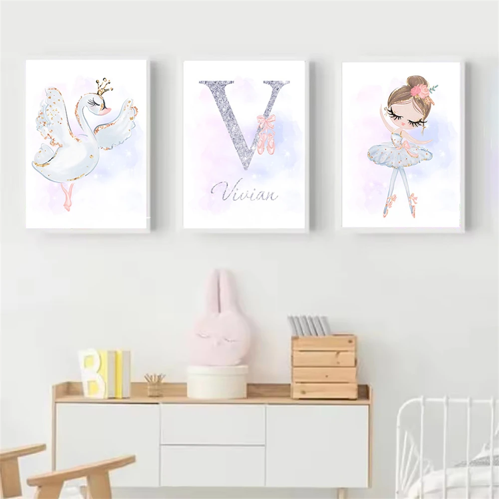 Baby Girl Custom Name Art Canvas Print Ballet Poster Swan Wall Art Nursery Posters Painting Nordic Wall Pictures Kids Room Decor