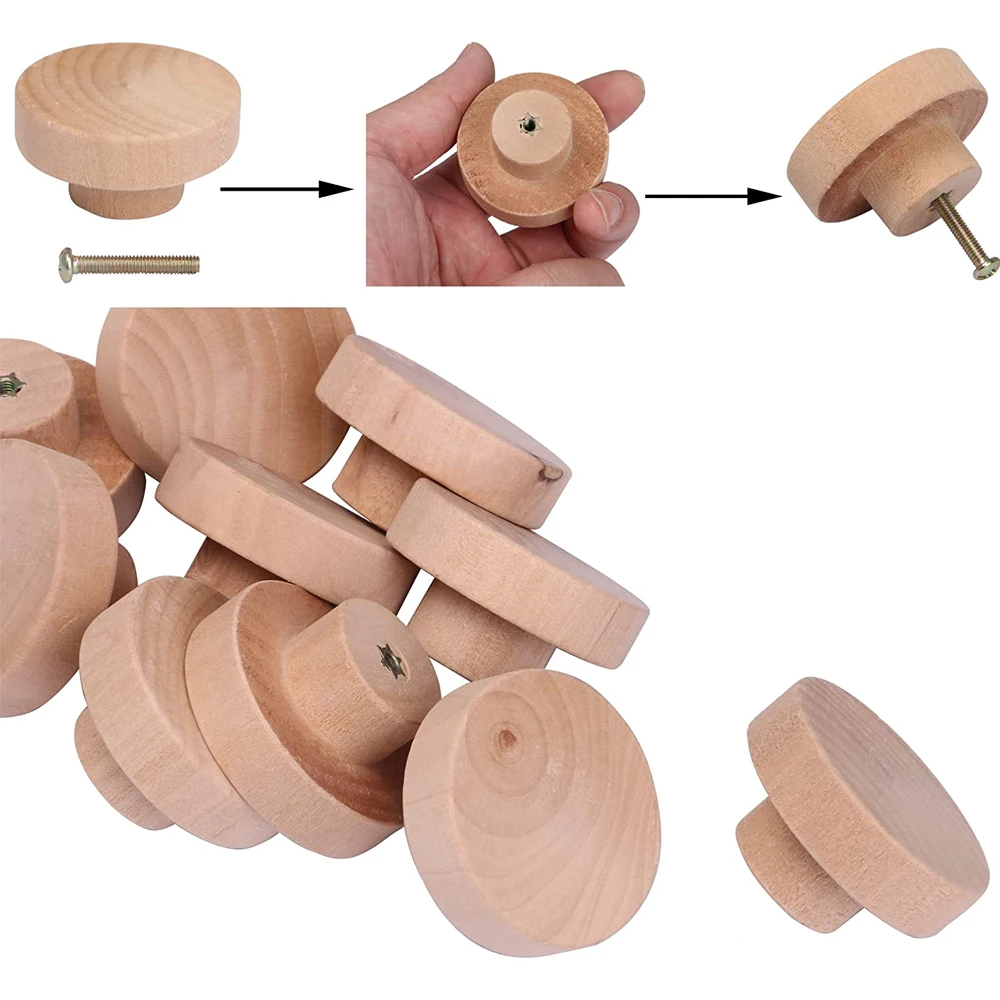 2-20pcs Round Wooden Cabinet Knobs Wood cupboard Furniture Drawer Pulls Handles with Screws for Wardrobe Dresser Closet