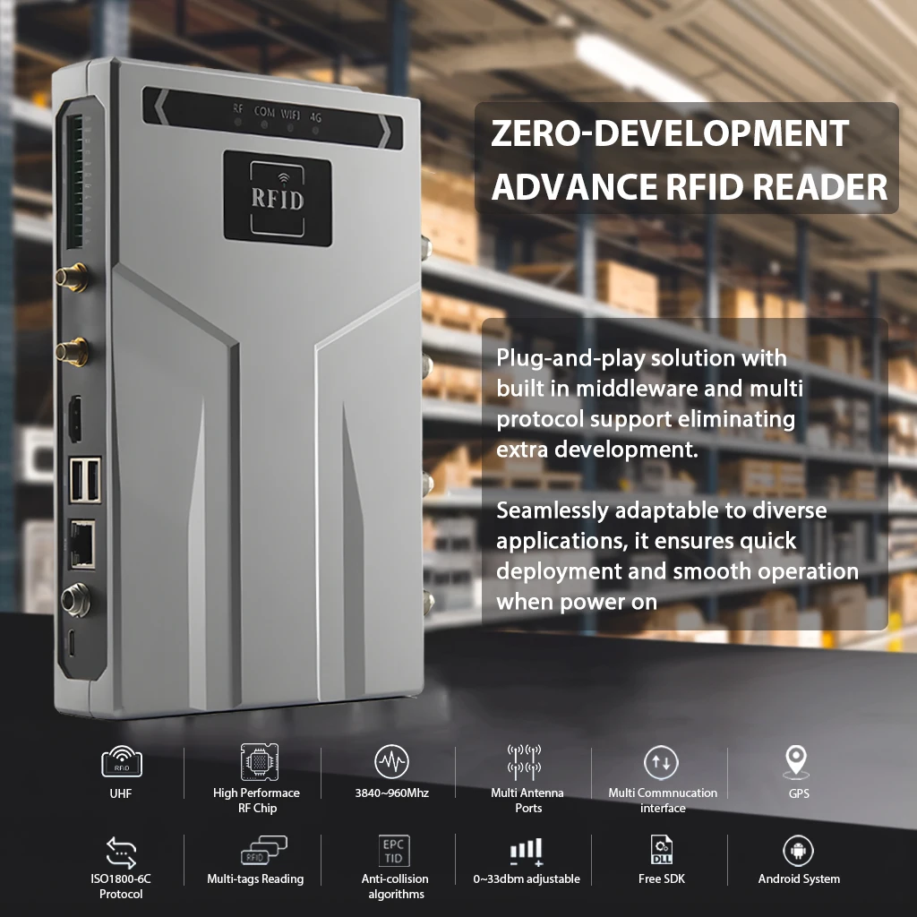 RS232/RS485/USB/WIFI/POE نظام التشغيل أندرويد قارئ RFID 8 منافذ 15 متر إدارة المخزون طويلة المدى UHF RFID قارئ ثابت