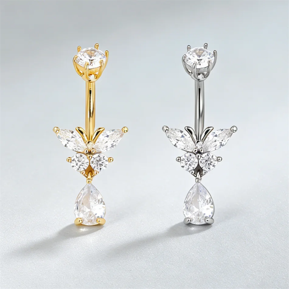 Crystal Butterfly Navel Rings Dangling Water Drop Zircon 14G Titanium Curved Barbell Navel Belly Button Piercing Women Jewelry
