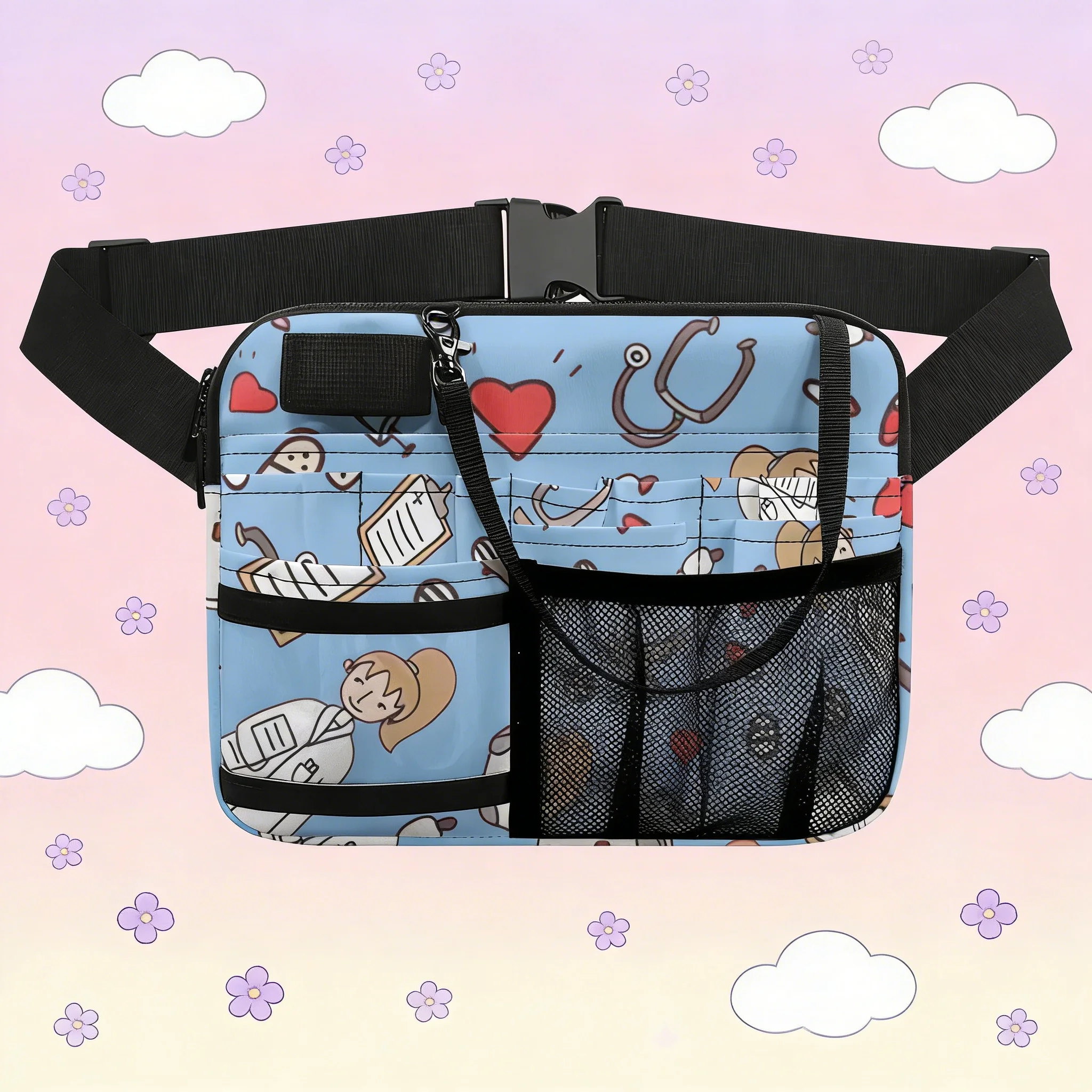 

Cartoon Nurse Print Waist Pouch, Large Capacity Medical Belt with Mesh Pockets, Lightweight Waterproof Fanny Pack
