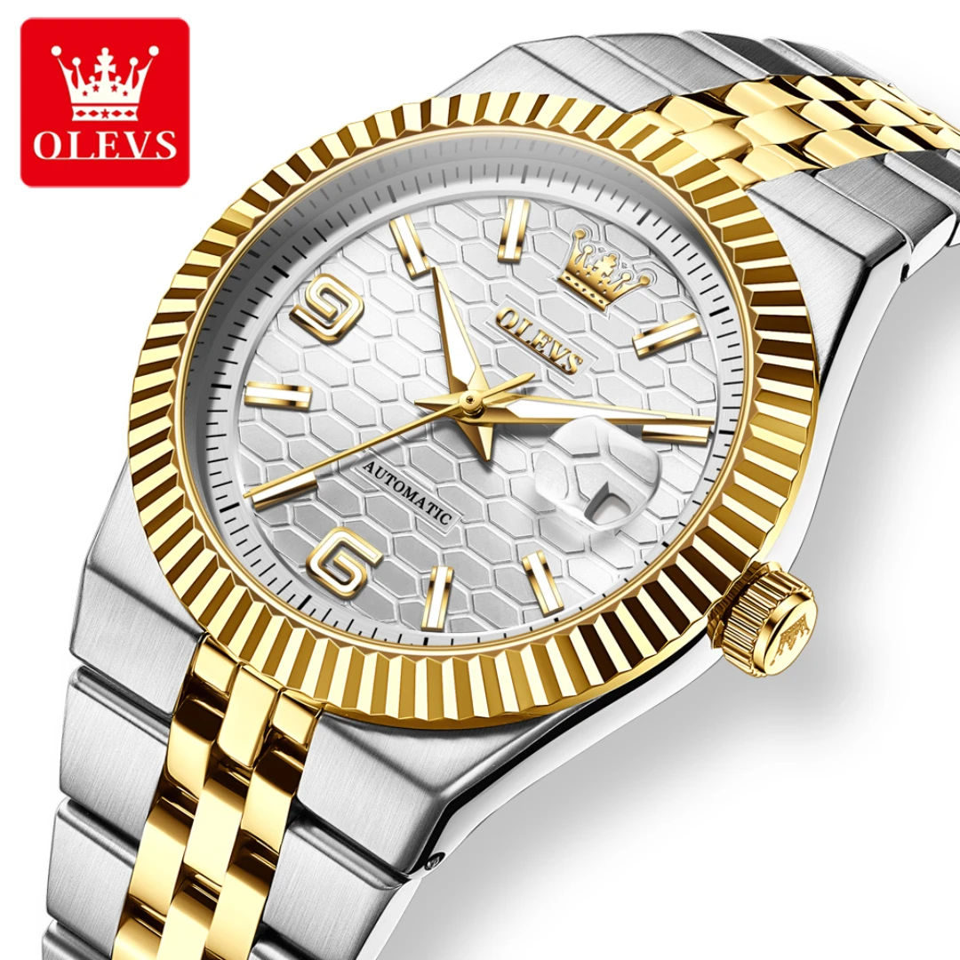 

OLEVS 7105 Деловые механические часы в подарок с круглым циферблатом из нержавеющей стали, ремешок для часов, наручные часы с дисплеем недели, светящийся календарь