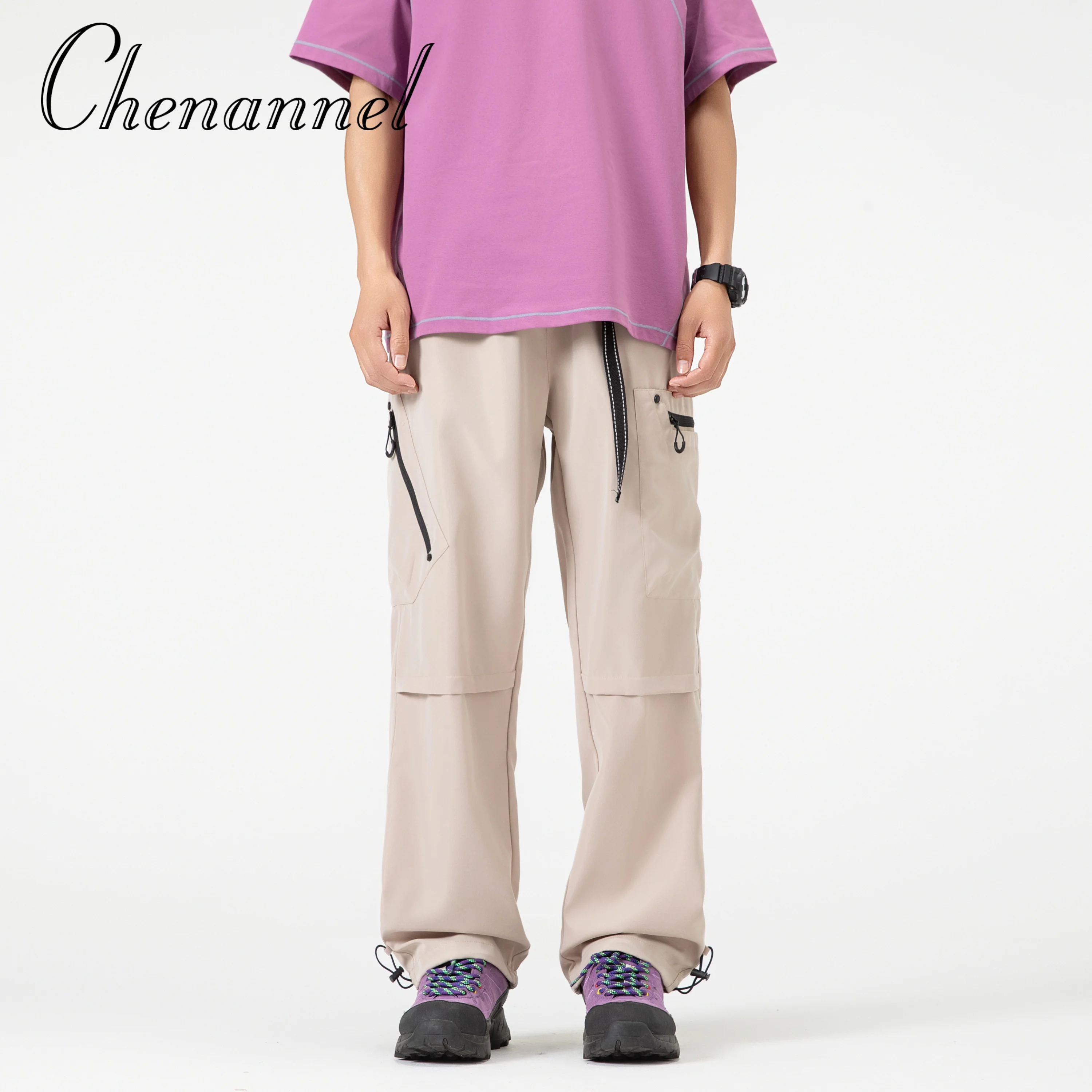 

Belt style quick drying workwear pants, men's summer trendy brand high street wide leg pants straight leg casual long pants