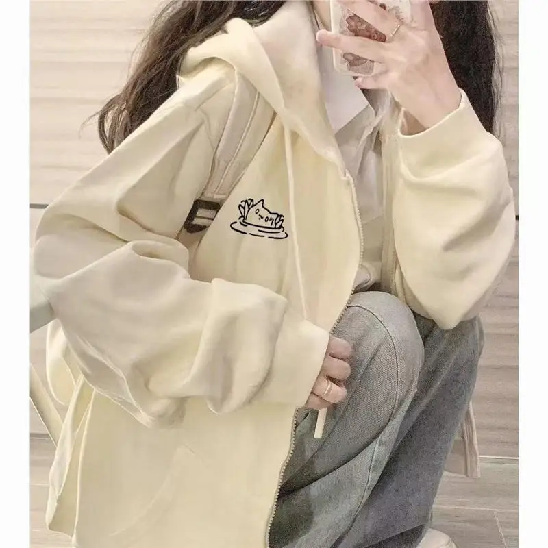 

Креативная женская толстовка на молнии свободного кроя, белый кардиган с эффектом утяжки, повседневная уличная одежда, осень 2025