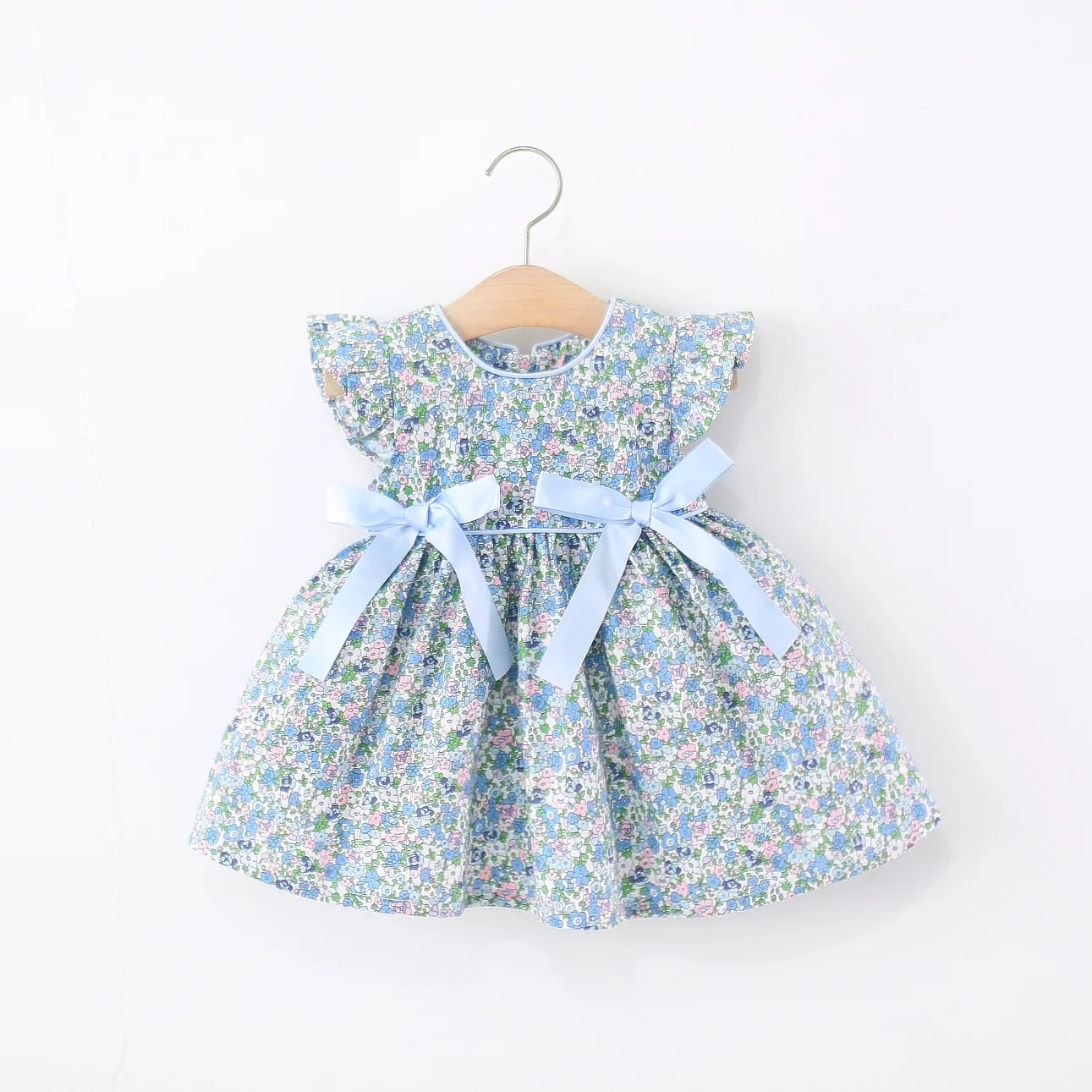 Summer New Blue Floral Baby Girl Dress, Sweet Bow Children'S Sleeveless Clothes (9 Months -4 Years Old)
