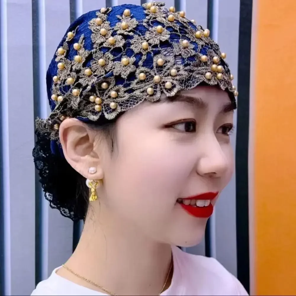 

Retro Lace Muslim Headscarf Cap Soild Color Cotton Turban African Head Wraps Women