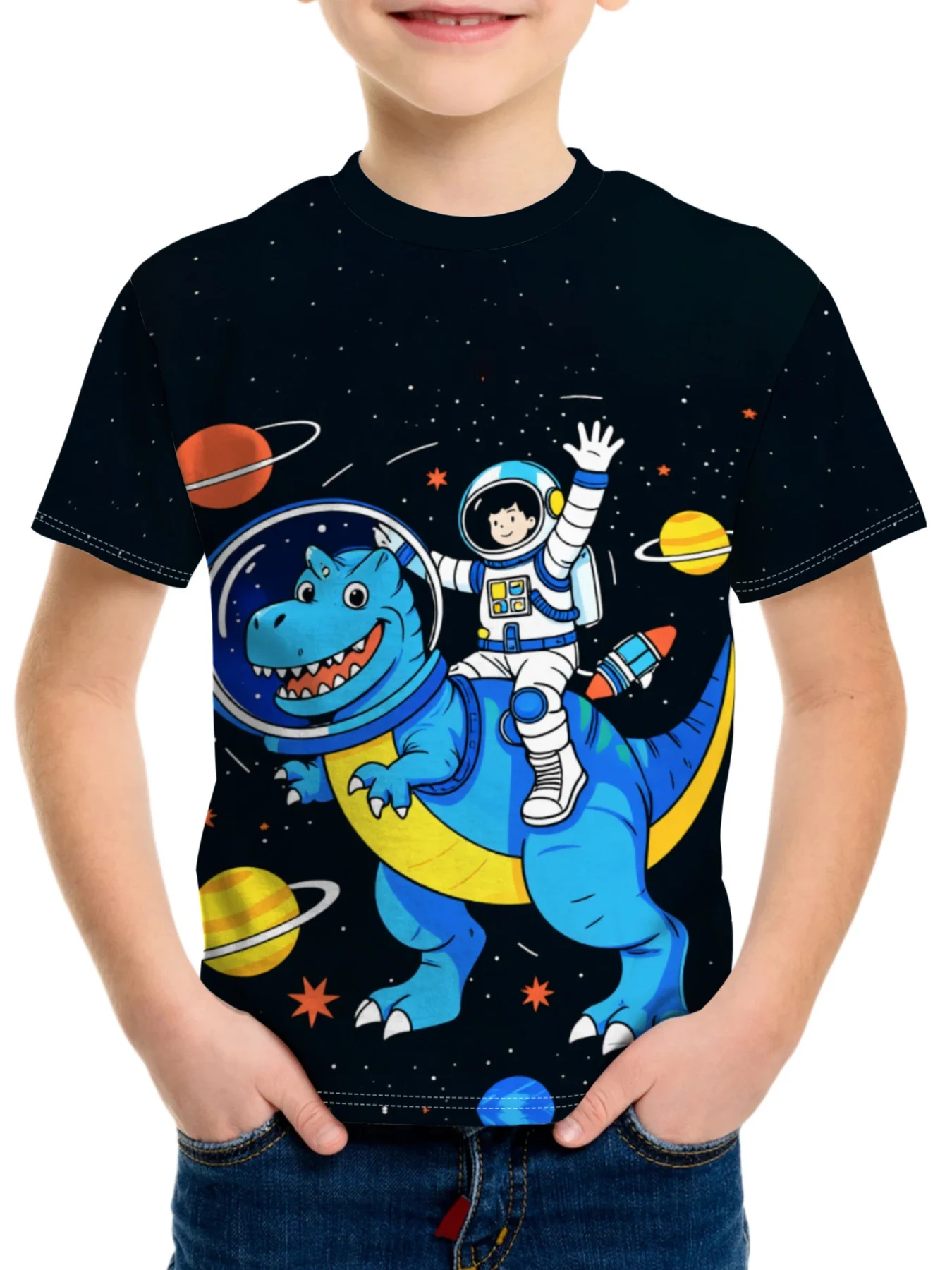 Kids Boys Cartoon Dinosaur Astronaut T Shirt, Starry Sky Planet Print Summer Short Sleeve Tops
