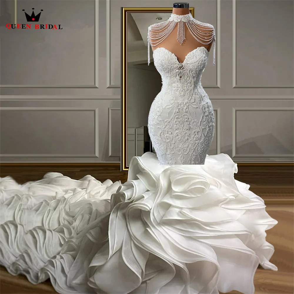 Custom Made Mermaid Puffy Train Tulle Lace Beaded Crystal Diamond Luxury Sexy Wedding Dresses 2023 New Bridal Gown NY33