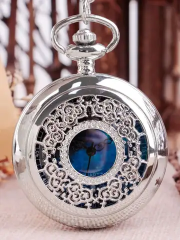 Exquisite Starry Blue Dial Pendant Black and Silver Hollow Quartz Pocket Watch Roman Numerals Gift Watch for Female Male and Kid
