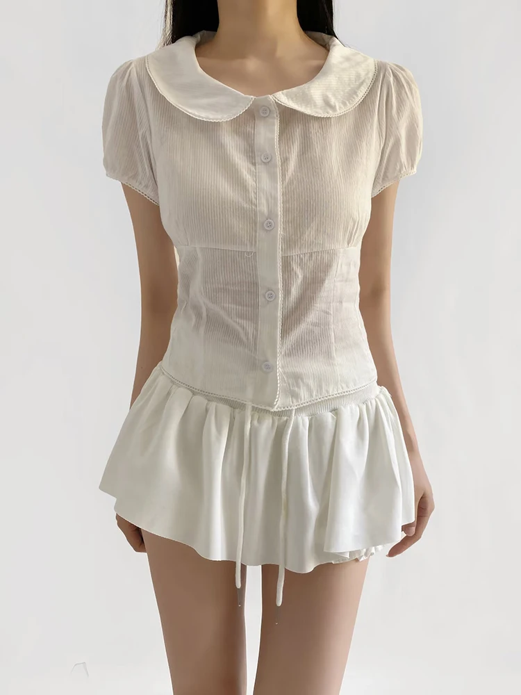 

Summer Short Sleeve Shirts Women White Blue Peter-pan Collar Back Bandage Tops Blouses