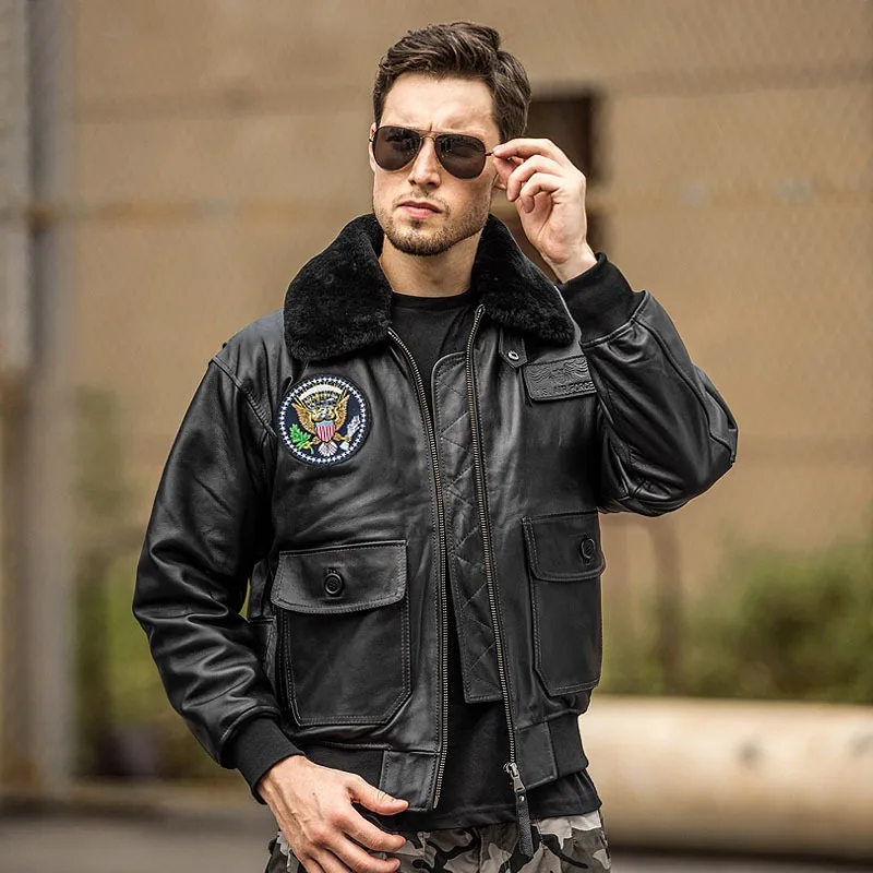 2024 New Men\'s Genuine Leather Air Force G1 Flight Jacket Fashion Velcro Fur Collar Jackets USA Size Sheepskin Winter Coats