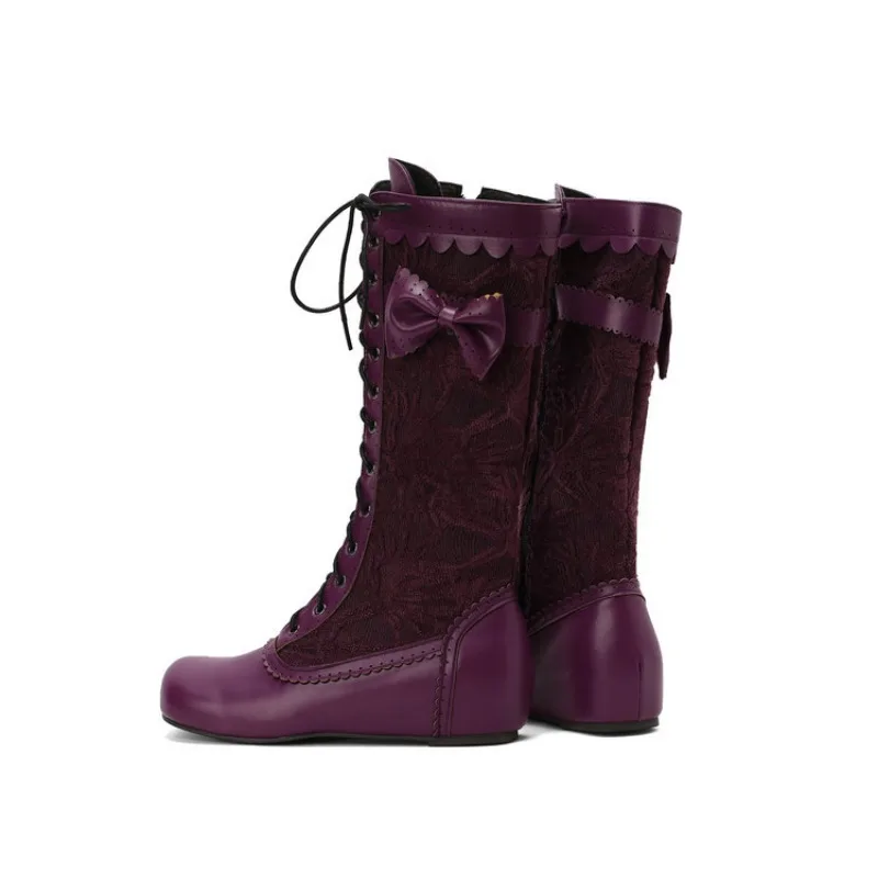 Women Japanese Lolita Long Boots Cute Bow Hidden Elevator Platform Knee High Boots Extra Large Plus Size Sweet Lolita Shoes