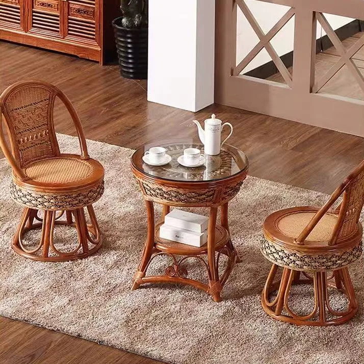 Balcony bamboo chair set, rotating chair with backrest, single bamboo woven small rattan chair, coffee table, table chair, woven