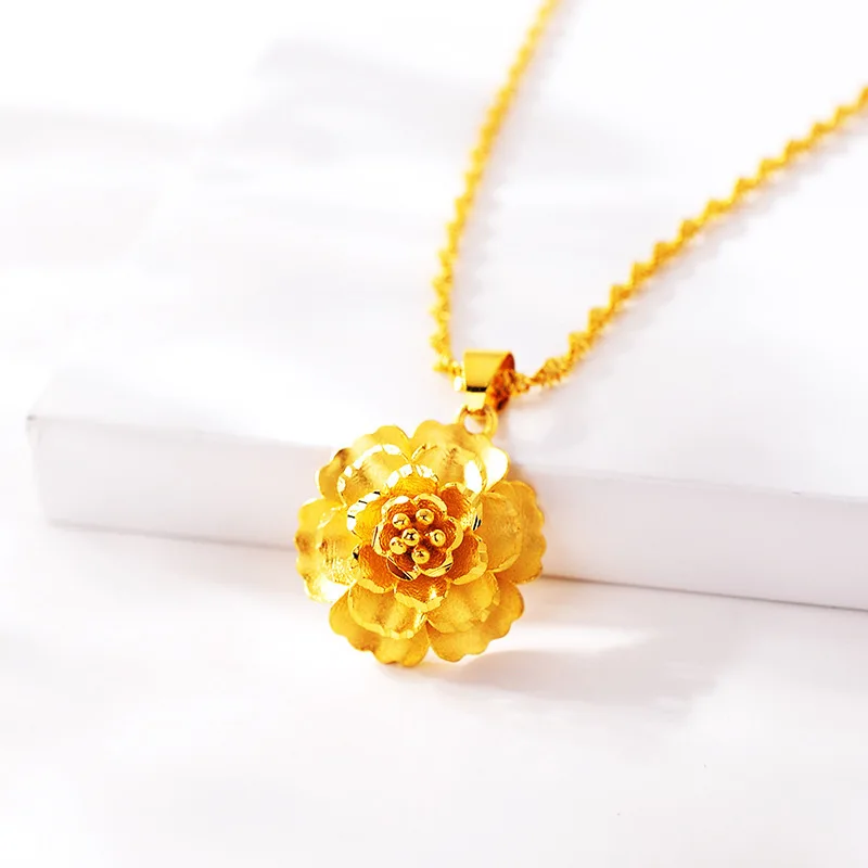 AU999 gold necklace palace style peony flower 24K pure gold clavicle chain pendant wedding jewelry ladies cheongsam accessories