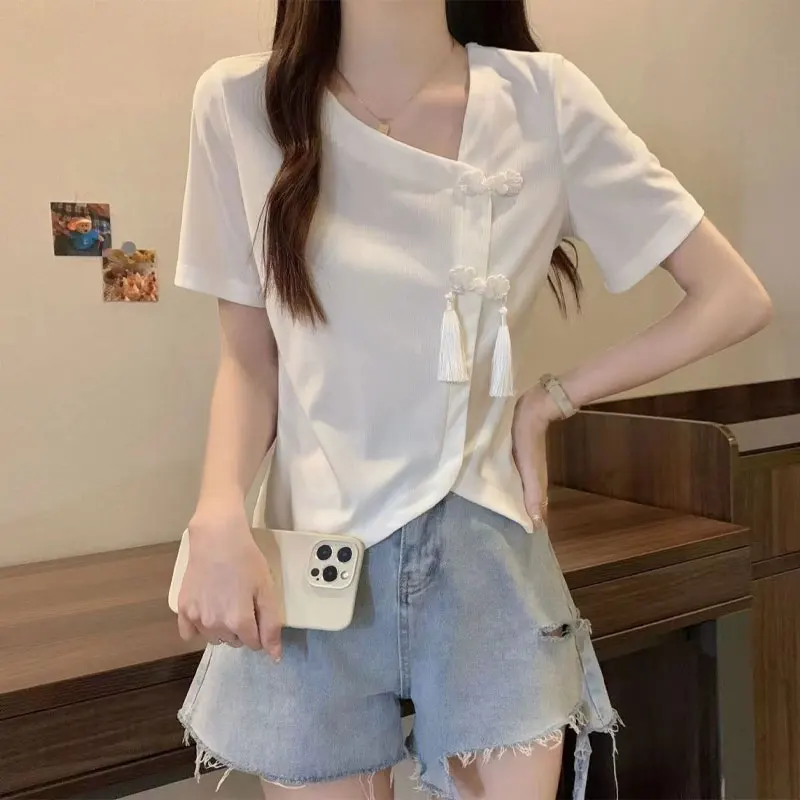 Stylish Chinese Disc Buckle T-shirt Asymmetrical Summer Short Sleeve Female Clothing Casual Skew Collar Irregular Hem Pullovers