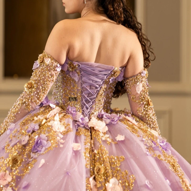 أرجواني لامع الأميرة الحلو 16 فستان فساتين Quinceanera زين زهرة الديكور تول حفلة عيد ميلاد Vestidos 15 De Anos