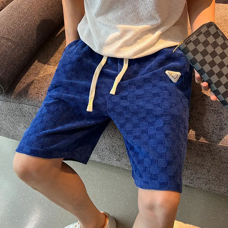 Daily Fashion Plaid Straight Casual Shorts Men\'s Solid Color Loose All-match 2024 Summer Elastic Drawstring Patch Designs Pants