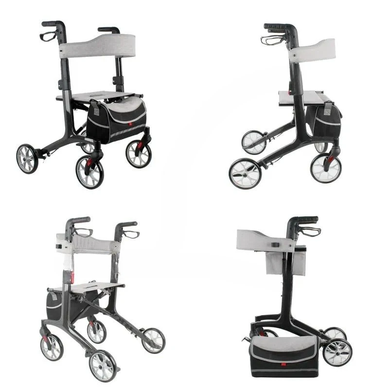 for Carbon Fiber Lightweight Walker Indoor Four Wheel with Linen Pad Silent Wheels Folding Mobility Aid for Elderly