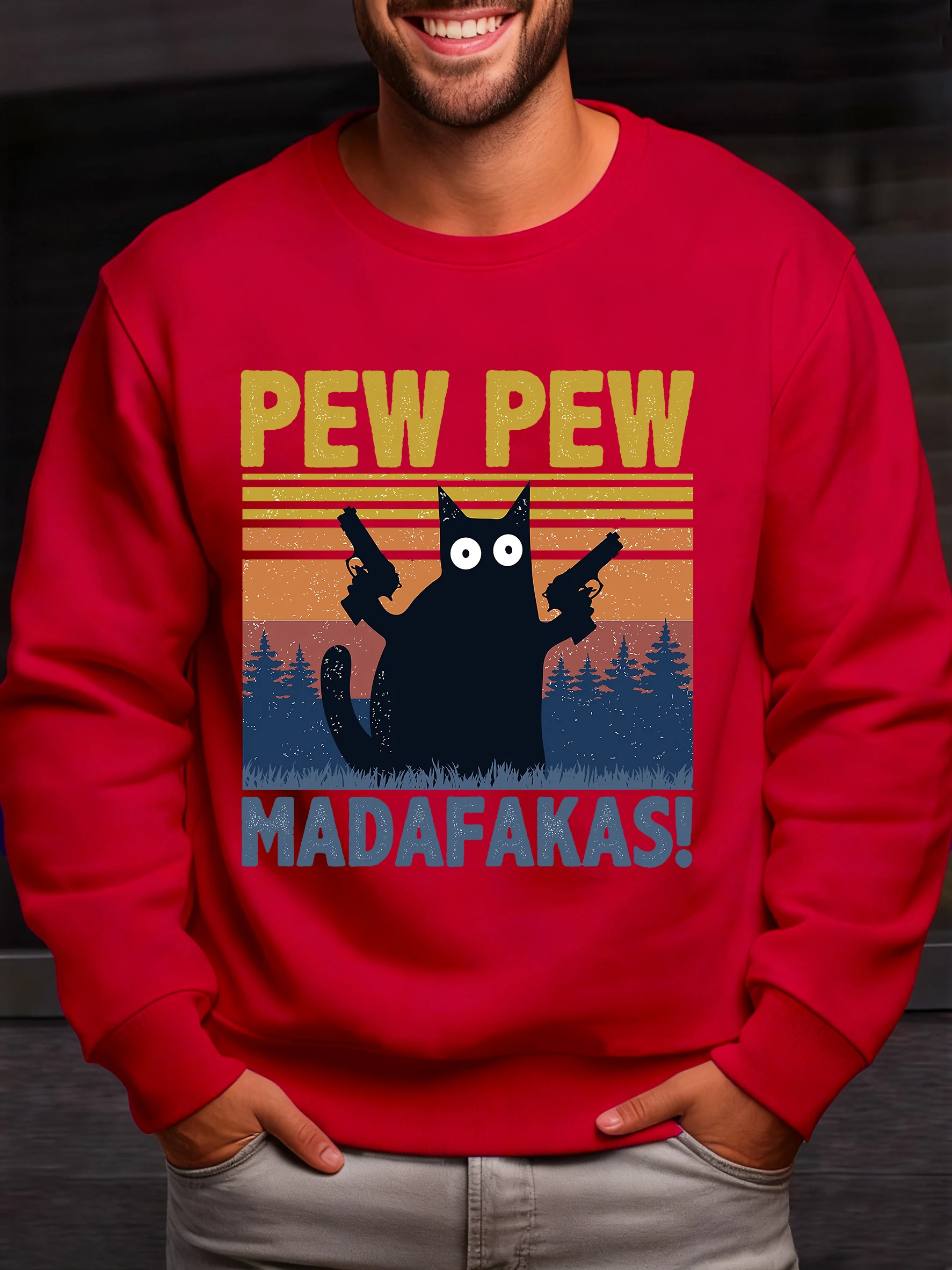 

Pew Madafakas A Cat Holding A Handgun Мужская толстовка Свободная одежда Модный флисовый пуловер Осенний базовый спортивный костюм унисекс