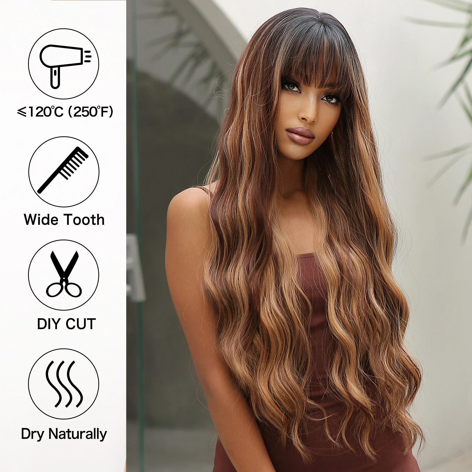 ALAN EATON Brown Highlight Synthetic Wigs with Bangs for Black Women Long Ombre Honey Brown Wave Wig Heat Resistant Hair Natural