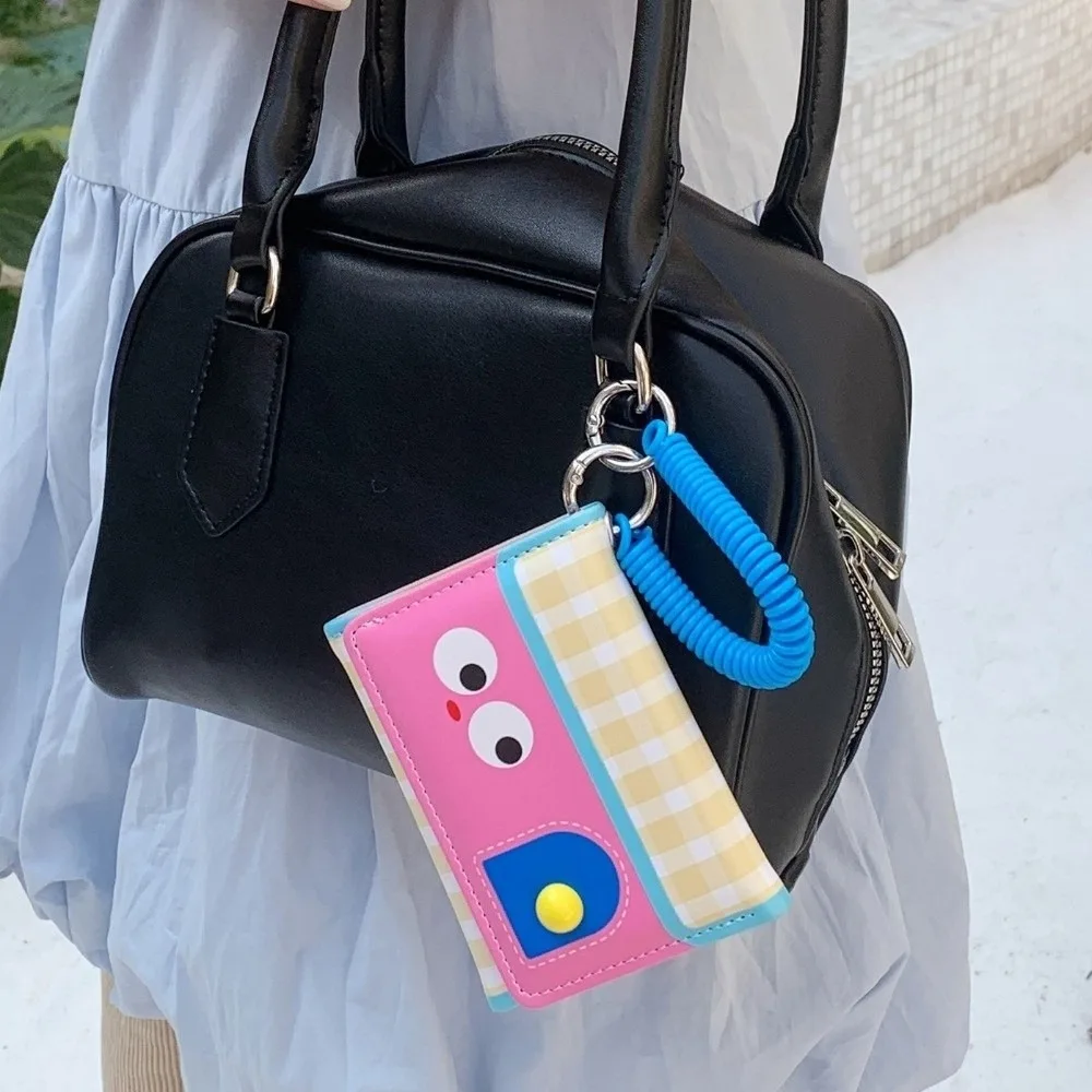 Multifunctional Dopamine Color Short Wallet Tri-fold Ultrathin Leather Card Holder Compact Spring Rope Cartoon Coin Purse Daily