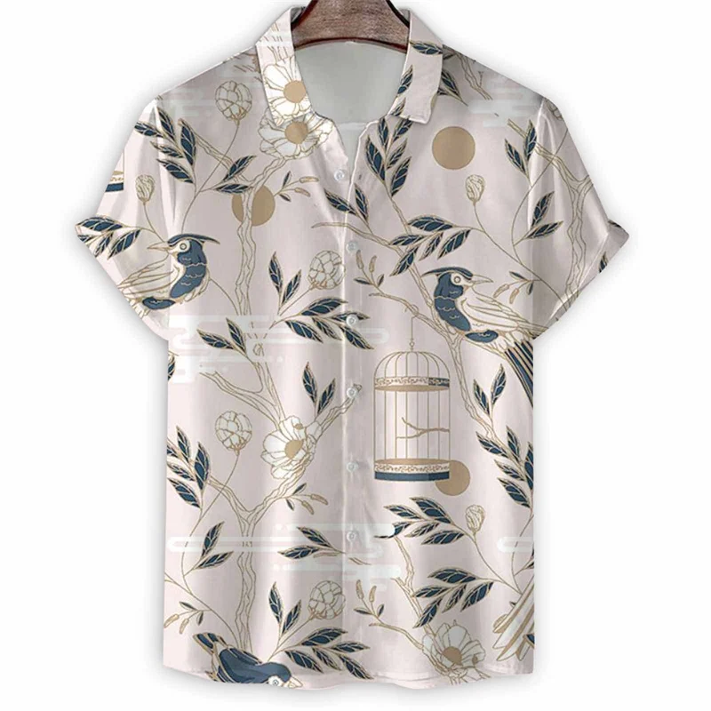 Camisa hawaiana con estampado de pájaros en 3d para hombre, camisetas de manga corta con pintura de animales, camisetas holgadas con botones, blusa con solapa de calle, Verano