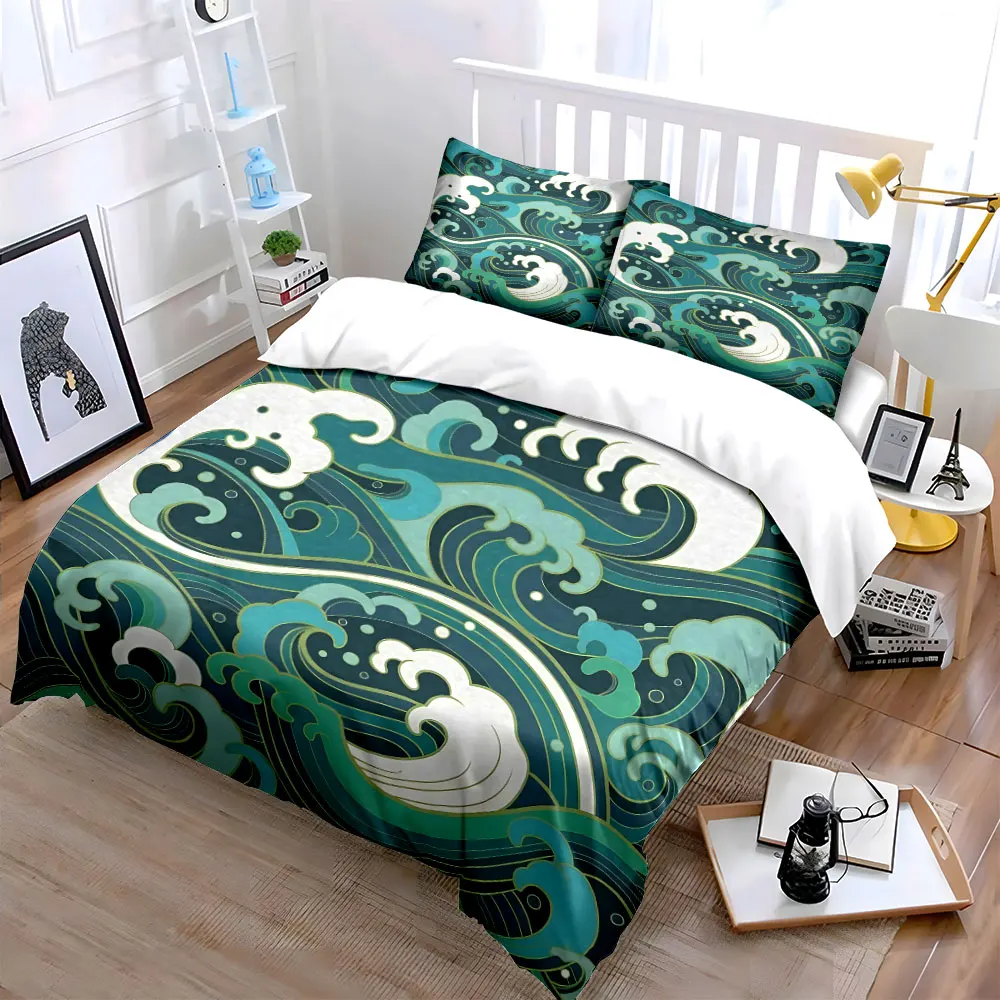 Ocean Wave Decorative Set Bedding Set with 1 Duvet Cover 2 Pillowcases Single Double King Queen, Gift