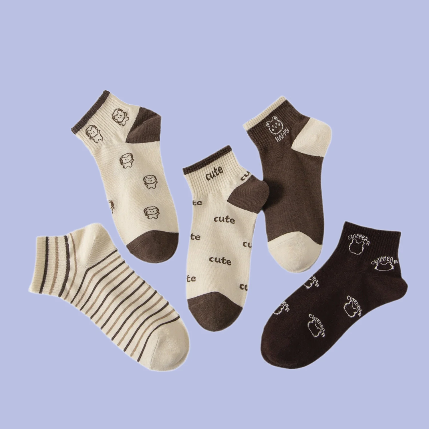 5 Paar Damen hochwertige Baumwoll socken flachen Mund Frühling Sommer niedlichen Tier Cartoon mittlere kurze Socken weiße Streifen Socken