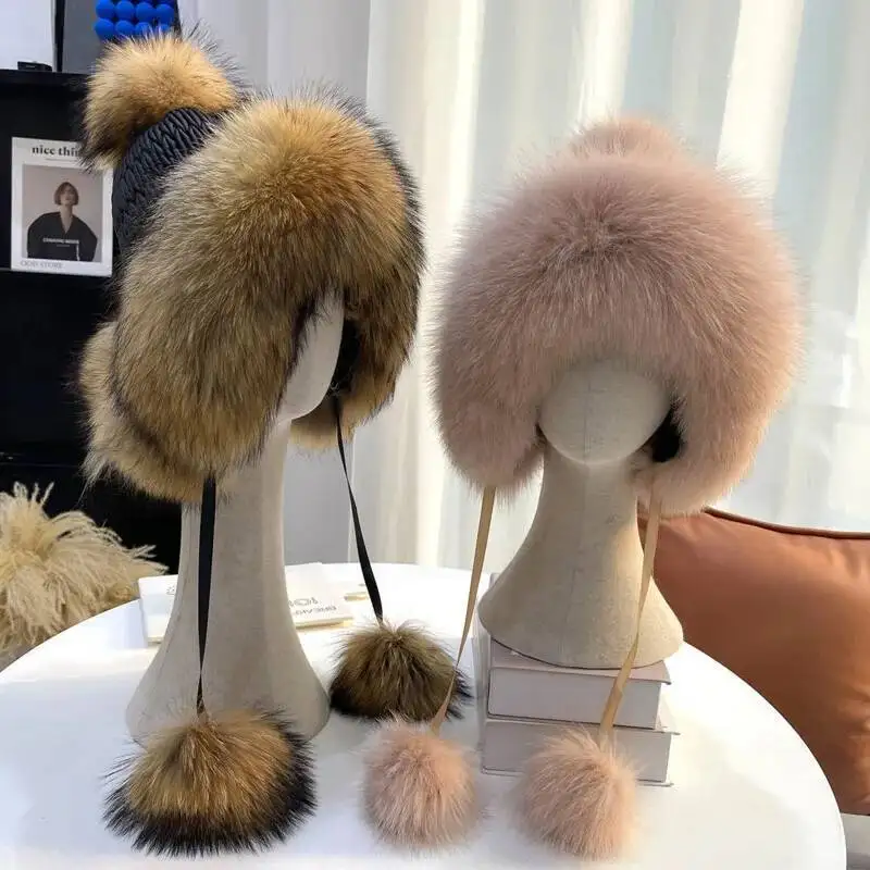 Winter Real Fox Fur Lei Feng Hat Handmade Knitted fur Hat Warm Ear Protection Women's Hat With Pompom Fashion Natural Fur Caps