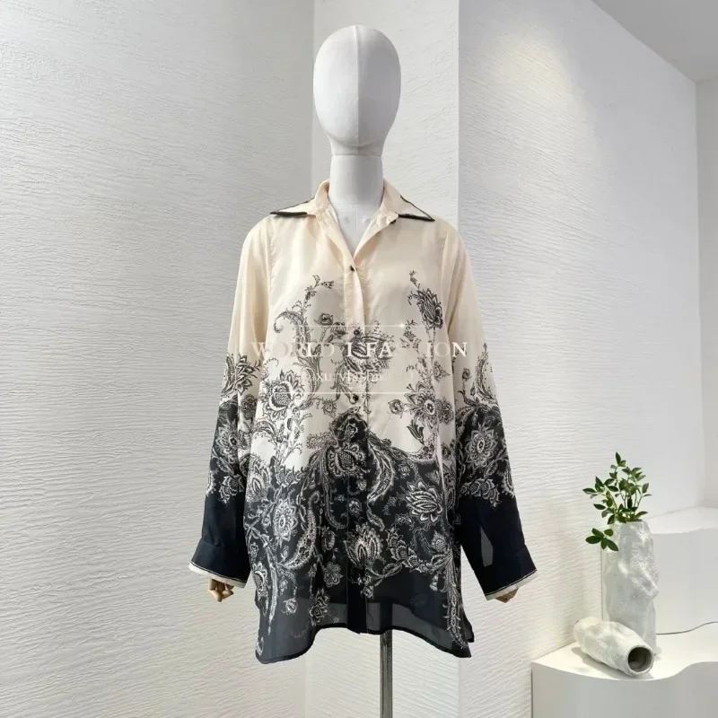 

Pure Silk High Quality 2025 New Summer Elegant Black Beige Print Long Sleeve Blouse Tops Pants Set