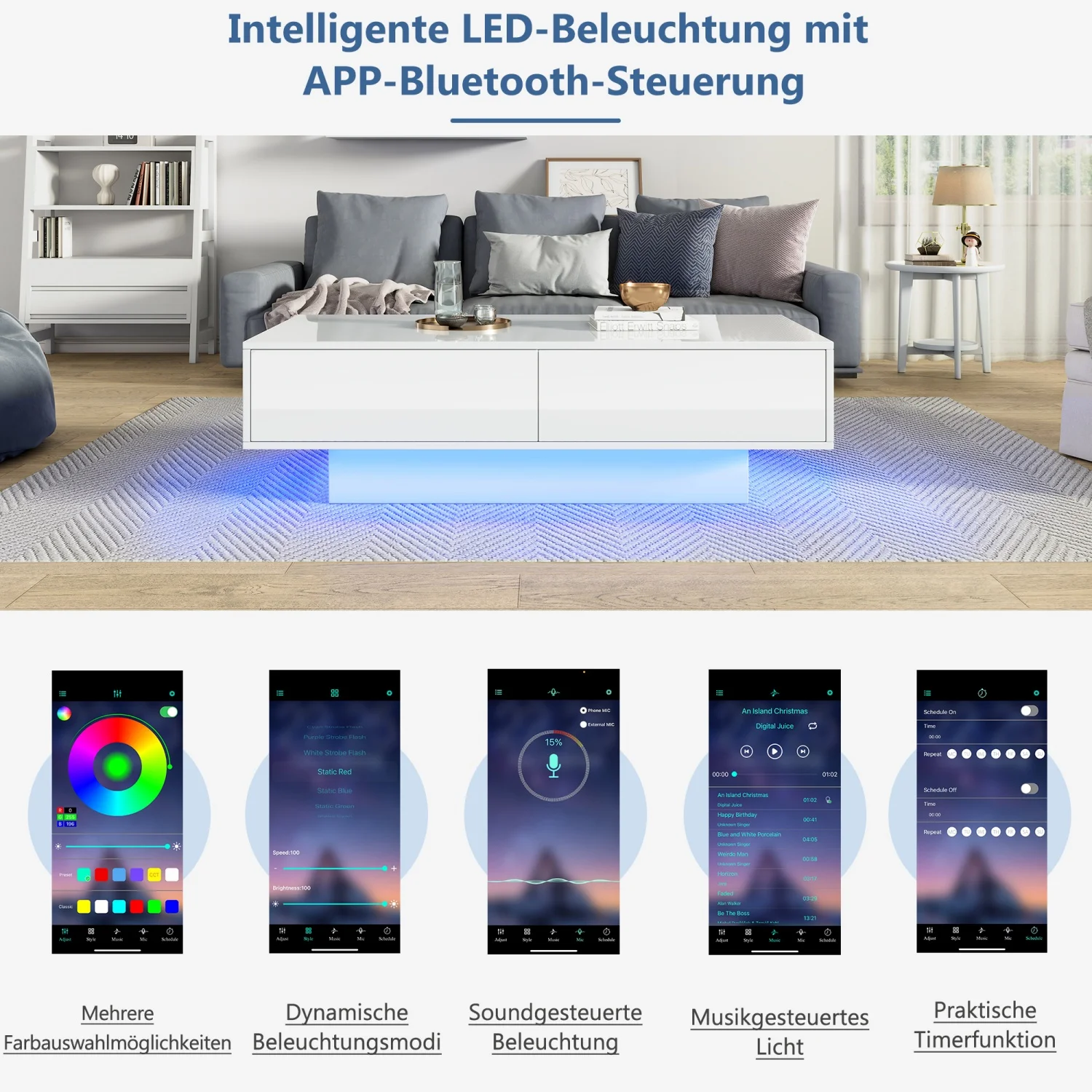 طاولة قهوة حديثة شديدة اللمعان مع درجين وإضاءة LED وطاولة غرفة معيشة أنيقة بسعة تحميل 30 كجم، 115 × 55 × 34 سم