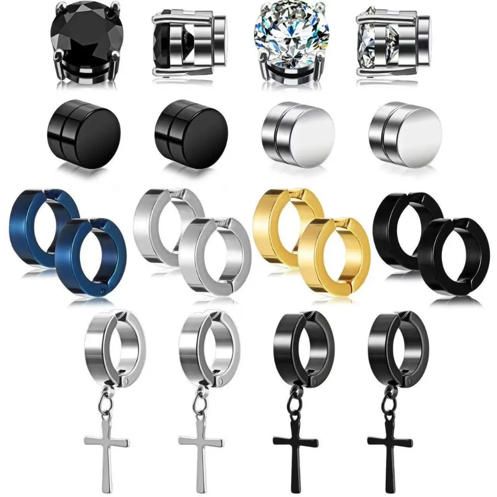 Stainless Steel Magnetic Earrings Non-Piercing Non-Perforated Magnetic Ear Studs Magnet Ring Cross Fake Gauge Earrings Lover