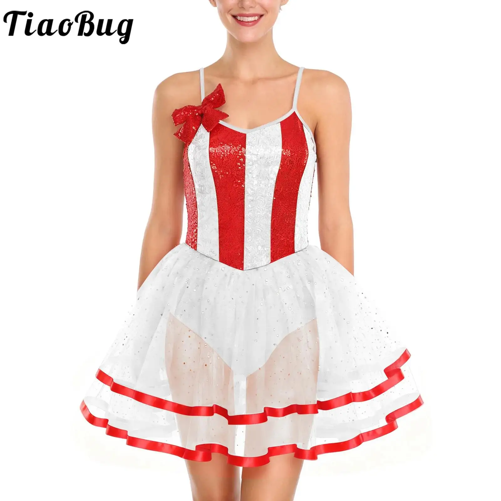

Women Christmas Candy Cane Costume Leotards Ballet Dance Dresses Sleeveless Bow Sequins Adjustable Spaghetti Straps Tulle Dress