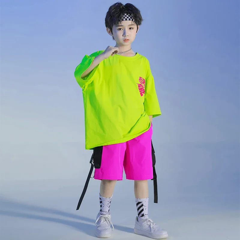 Shorts Streetwear For Girl Boy Dance Costume Clothes Kids Kpop rave Outfits Hip Hop Clothing Green Tshirt Tops Summer Cargo