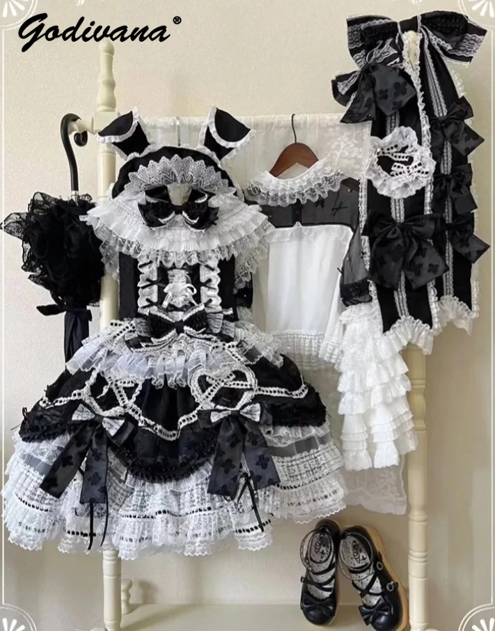 Camicetta di pizzo a maniche lunghe svasata da donna originale per ragazze Top Fairy Sweet Fluffy Pink Bow Jsk Princess Dress Abiti romantici