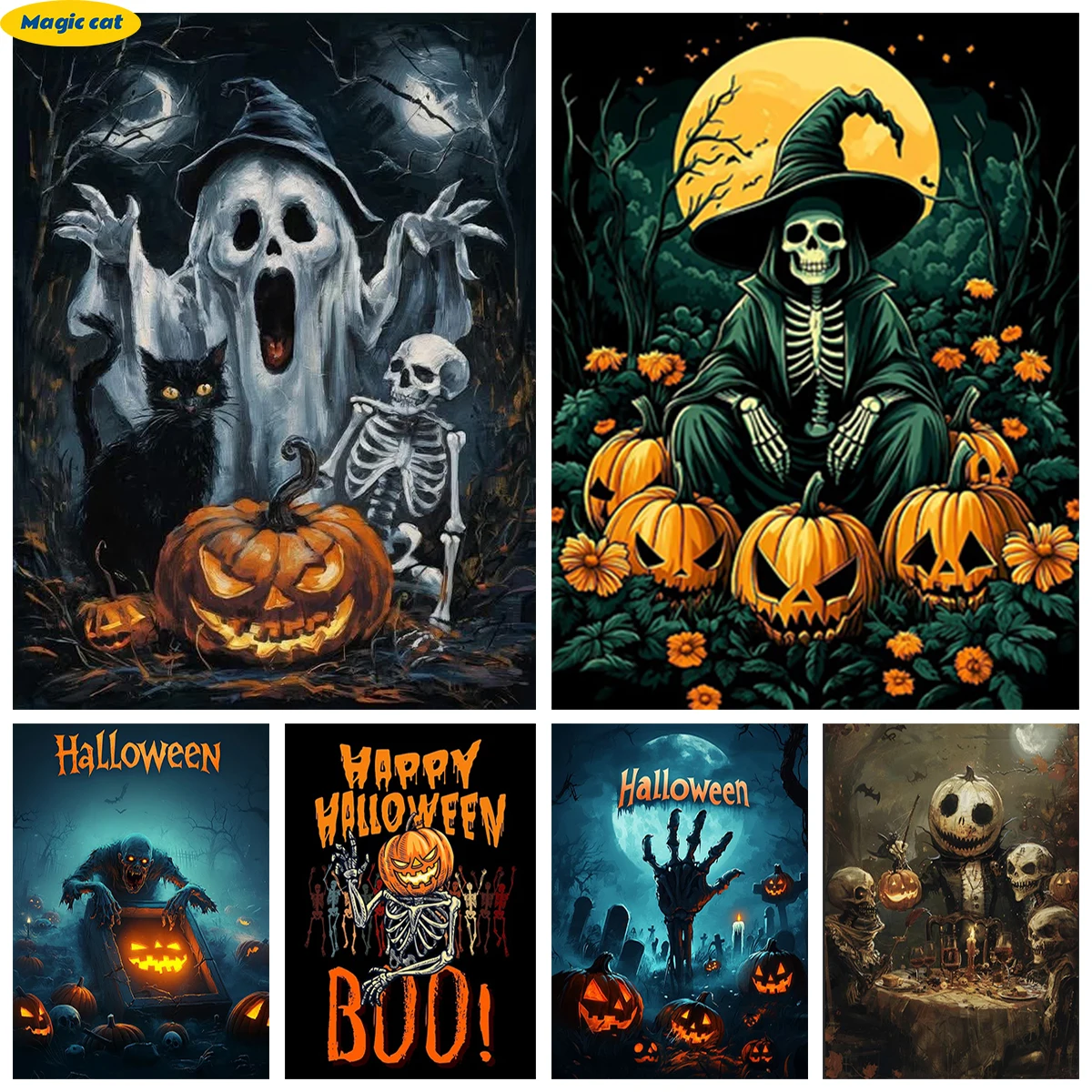 

Horror Skeleton DIY Diamond Painting Kit Pumpkinhead Cemetery Halloween Theme Full Diamond Embroidery Home Decor Creative Gift
