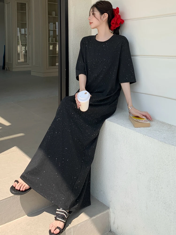 NYFS 2025 فستان صيفي نسائي على الطراز الكوري فضفاض مقاس كبير بأكمام قصيرة فستان طويل رداء Elbise