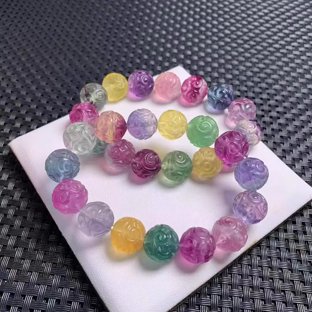 Natural Purple Colorful Fluorite Quartz Bracelet Clear Beads 12mm Women Men Fluorite Jewelry Love AAAAA