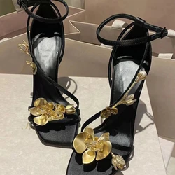 Jinlan Flower Stiletto High Heels Women's 2024 Spring New Banquet One Button Strap Open Toed Square Head Sandals